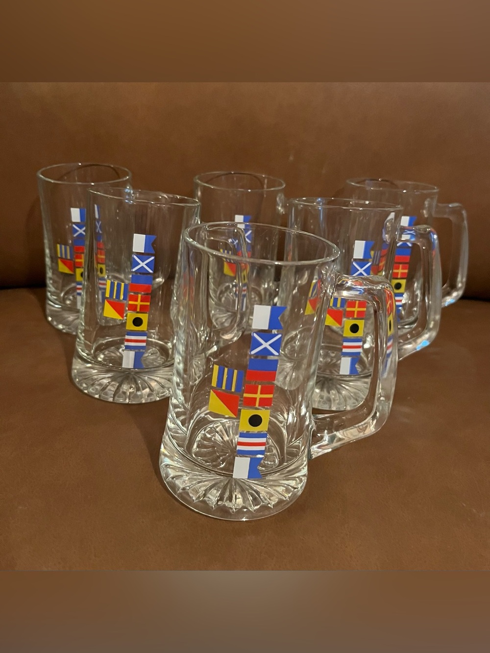 Vtg Nautical Maritime Go America Sailing Glass Beer Mugs, Set of 6